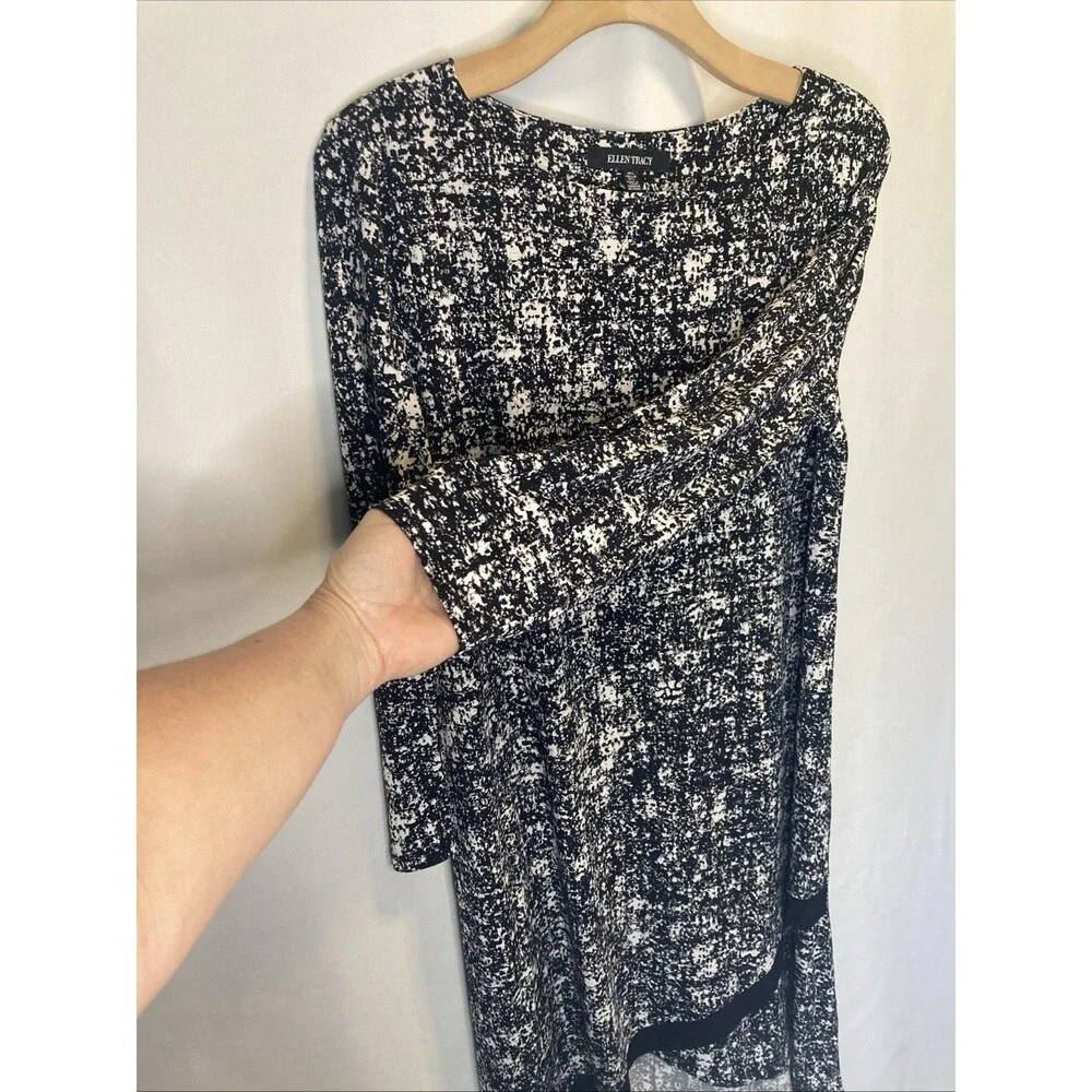 Ellen Tracy Dress Midi L Womens Black White Hi Low Hem Slip Over Asymmetrical - Picture 3 of 9